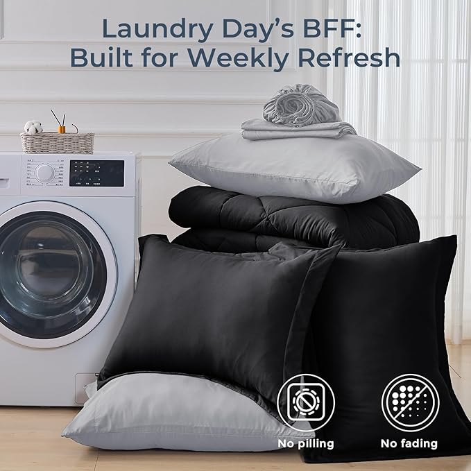 HEVUMYI King Comforter Set - 7-Piece All Season Bed in a Bag King, Ultra Soft Bedding Set with Comforter, Flat Sheet, Fitted Sheet, Pillowcases, Pillow Shams, Black & Light Grey