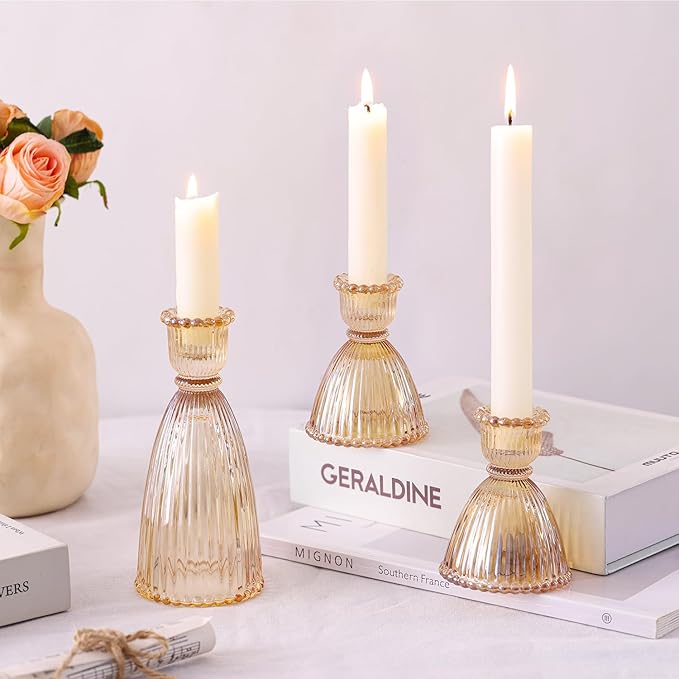 LAMORGIFT Gold Candlestick Holders Set of 6-4pcs 3.5"& 2pcs 6" Assorted Taper Candle Holder Centerpieces for Wedding, Ribbed Glass Candle Holders Bulk for Party Table Decor, Modern Home Decor