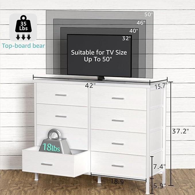 BOLUO White Dresser for Bedroom 8 Drawer,Wide Dresser TV Stand for 50" TV Dressers & Chests of Drawers Fabric Dresser for Closet Modern
