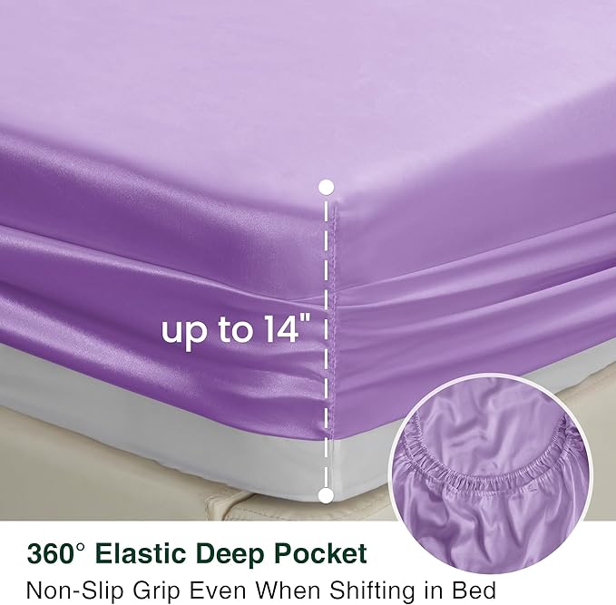 Love's cabin Twin Satin Sheets Sets - 3 Piece Lavender Silky Bed Sheets with Deep Pockets, Luxury Silk Feel Satin Twin Size Sheet Set Bedding Set (1 Flat Sheet,1 Fitted Sheet,1 Pillow case)