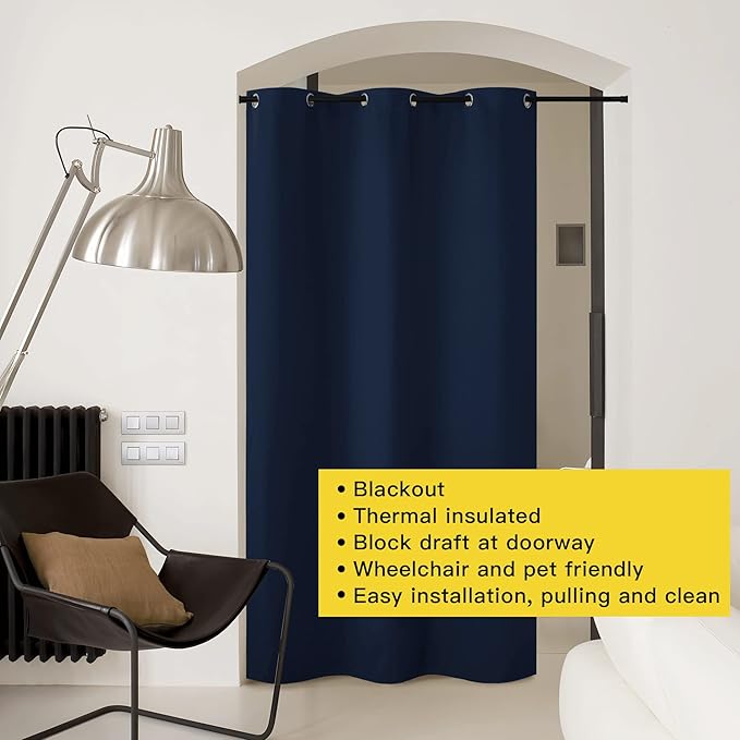 NICETOWN Doorway Curtain Room Divider Drape Screen Partitions, Vertical Blind for Sling Door, Blackout Window Curtains Privacy Blind for Patio (Navy, 1 Panel, 10ft Tall x 5ft Wide)