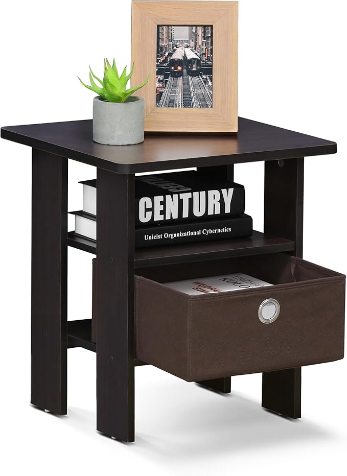 Furinno Andrey Set of 2 End Table / Side Table / Night Stand / Bedside Table with Bin Drawer, Dark Walnut