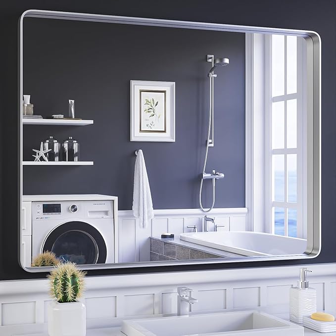 ISKM Metal Silver Frame Mirror - 48 x 36 Inch Stainless Steel Vanity Mirror for Bathroom, Non-Rusting Aluminum Alloy Matte Frame, Hangs Horizontal or Vertical