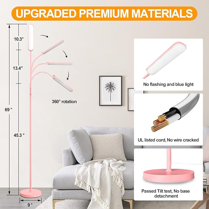 Pink LED Floor Lamp, 18W 1800LM Bright Floor Lamp with Remote & Works with Smart Plug, Dimmable Timing Eye Caring Reading Light Modern Standing Floor Lamps for Living Room Bedroom Office