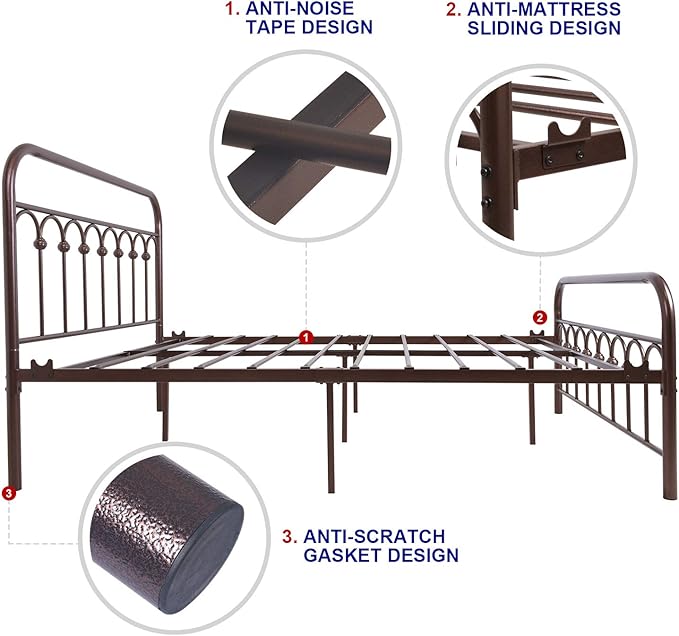 TUSEER Metal Bed Frame Full Size with Vintage Headboard and Footboard Platform Base Wrought Iron Double Bed Frame (Antique Brown,Full).