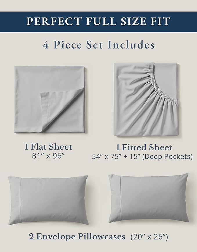 LANE LINEN 100% Organic Cotton Eco Friendly Full Size Sheet & Pillowcase Sets, 15" Deep Pocket Fully Elasticized Soft & Comfy Percale Bedding, Naturally Temperature Regulating Sheets Full- Silver