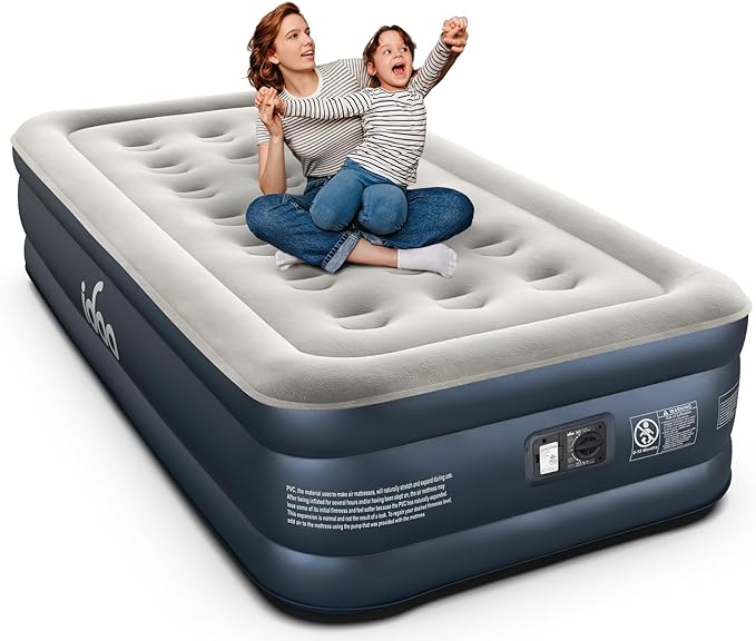 iDOO Twin Air Mattress with Built in Pump, 18" Raised Compact Blow up Mattress, Inflatable Mattress for Camping Guest Home, Portable Travel Air Bed, 2-Min Quick Inflation Deflation, Colchon inflable