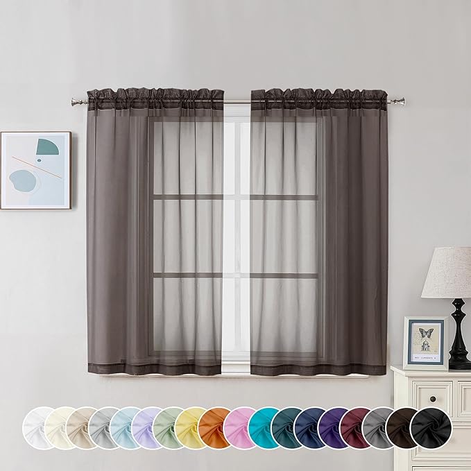 Chyhomenyc Chocolate Brown Sheer Curtains 45 Inch Long 2 Panels, Light Filtering Rod Pocket Voile Short Curtains Drapes for Living Room Bedroom Small Windows, 42Wx45L Inches