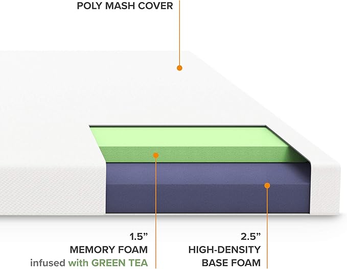Mellow 4 Inch Memory Foam Mattress Topper with Cover, Calming Green Tea Infusion, Short Queen