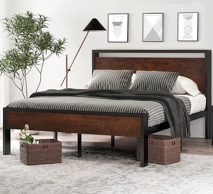 SHA CERLIN 14 Inch Full Size Metal Platform Bed Frame with Wooden Headboard and Footboard, Mattress Foundation, No Box Spring Needed, Large Under Bed Storage, Non-Slip Without Noise, Mahogany