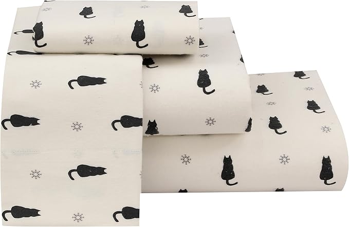 RUVANTI Flannel Sheets Twin XL Size - 100% Cotton Double Brushed Twin XL Sheet Sets, Deep Pockets 16 Inches, All Seasons Breathable & Extra Soft Bed Sheets, Warm & Cozy, 3 Piece, Black Cat