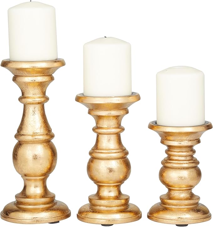 Deco 79 Mango Wood Decorative Candle Holder Turned Style Pillar Candle Stand, Set of 3 Candlestick Holder 10", 8", 6"H, Gold