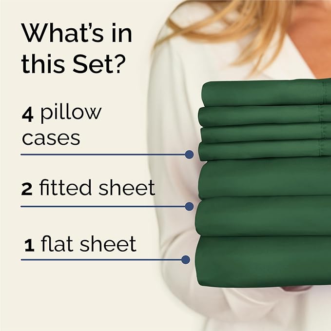 Split King 7 Piece Sheet Set - Comfy Breathable & Cooling - Ultra Soft Hotel Luxury Bedding Set w/ 8-16 Inch Deep Pockets - 1 Flat & 2 Fitted Sheet & 4 Pillowcases - Wrinkle Free & Easy Care - Emerald