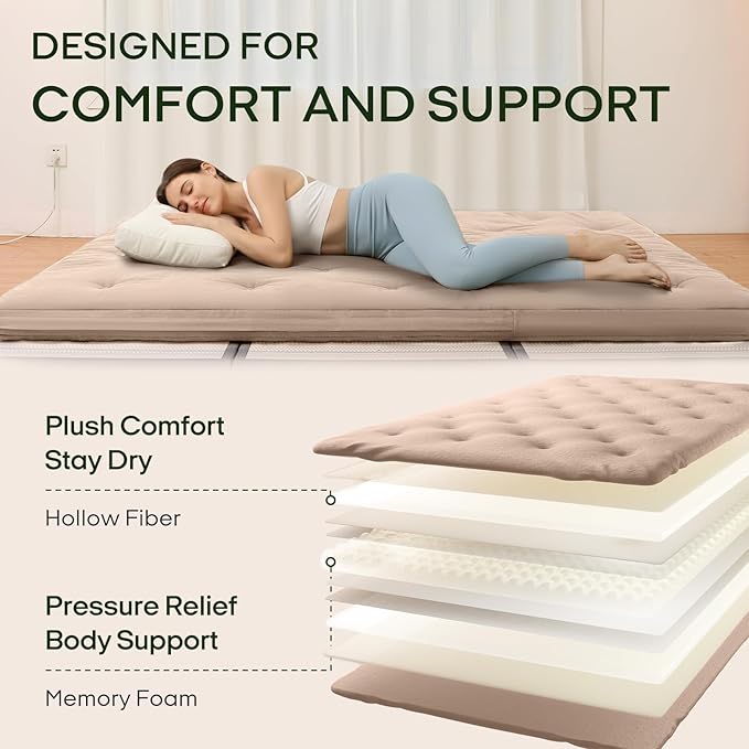 ZonLi Japanese Floor Futon Mattress Full Size 75"x 54", 100% Cotton Cover 2.5'' Thicken Tatami Mattress, Foldable Sleeping Pad, Portable Dormitory Tatami Mat(Khaki)