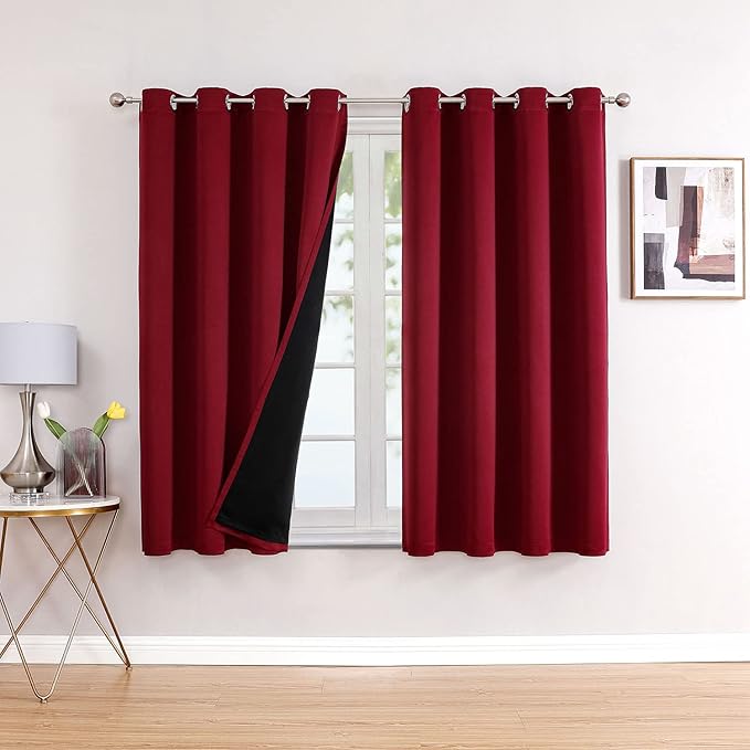 ChrisDowa 100% Blackout Curtains for Bedroom with Black Liner, 2 Thick Layers Total Blackout Thermal Insulated Grommet Window Curtains 2 Panels Set (Burgundy, 52 x 63 Inch)