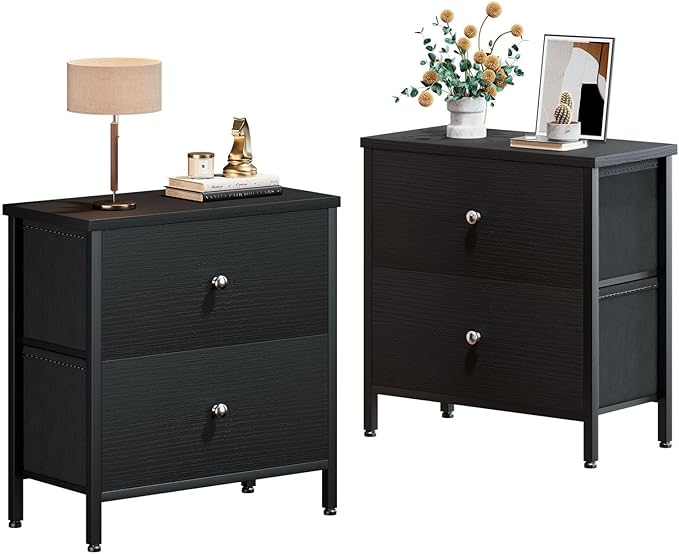 BOLUO Black Nightstands Set of 2, 2 Drawer Dresser for Bedroom Night Stand Small Nightstands End Table with Fabric Drawers Modern