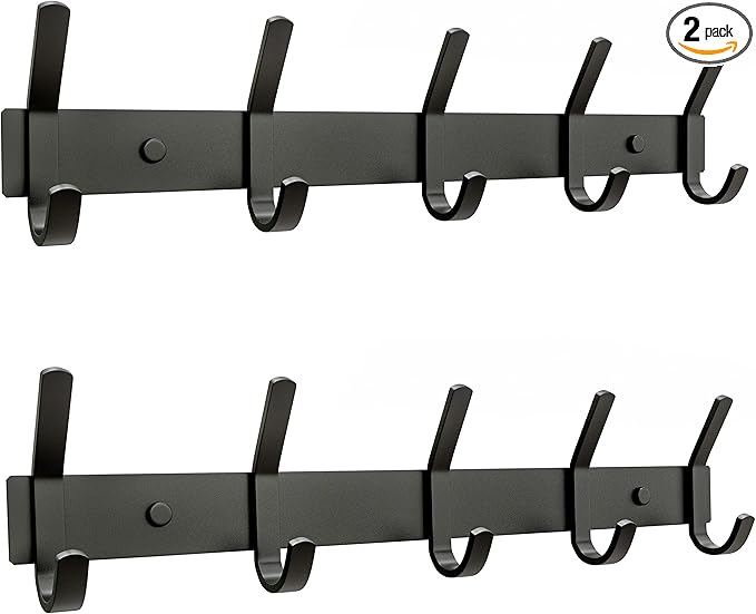Matte Black Coat Rack Wall Mount – 15 Inch Stainless Steel Hook Rail with 5 Double Coat Hooks – Wall Mounted Entryway Organizer for Coats, Hats, Bags, Towels, Robes, Closet or Bathroom - 2 Pack