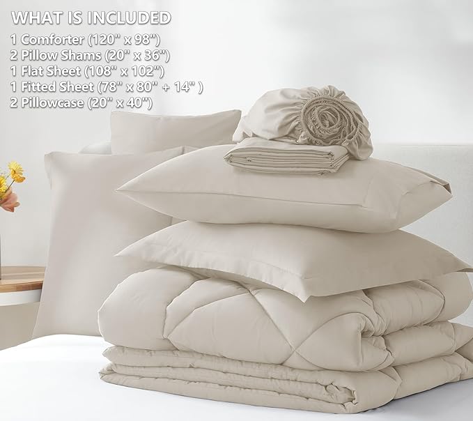 CozyLux Oversized King Comforter Set Beige - 7 Pieces Bed in a Bag Comforter Set with Sheets, Luxury Soft Bed Set All Seasons, Bedding Set with Down Alternative Comforter, Sheets, Pillowcases & Shams
