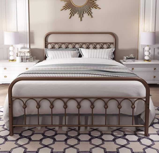 YALAXON Vintage Sturdy Queen Size Metal Bed Frame with Headboard and Footboard Basic Bed Frame No Box Spring Needed，Antique Brown.