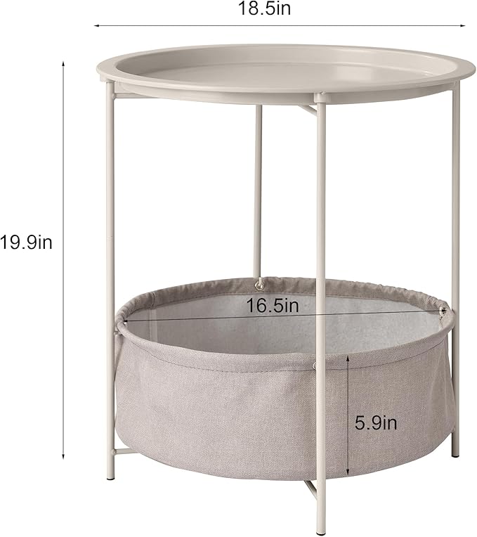 VECELO Round Side/End Table with Fabric Storage Basket，Metal Anti-Rust and Waterproof Small Bedside Nightstand with Removable Tray Top for Living Room，Balcony & Laundry，Grey /2pcs with Basket