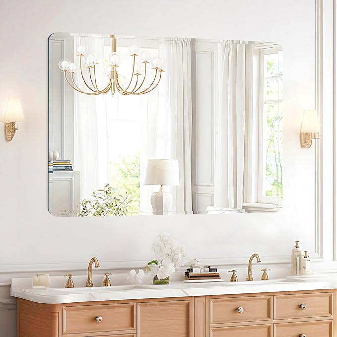 Frameless Bathroom Mirror for Over Sink,Wall Mounted Vanity Mirrors 24x36in,Rounded Rectangle Mirror Frameless with Polished Edge for Bedroom,Living Room,Entryway,Shatterproof (Horizontal/Vertical)