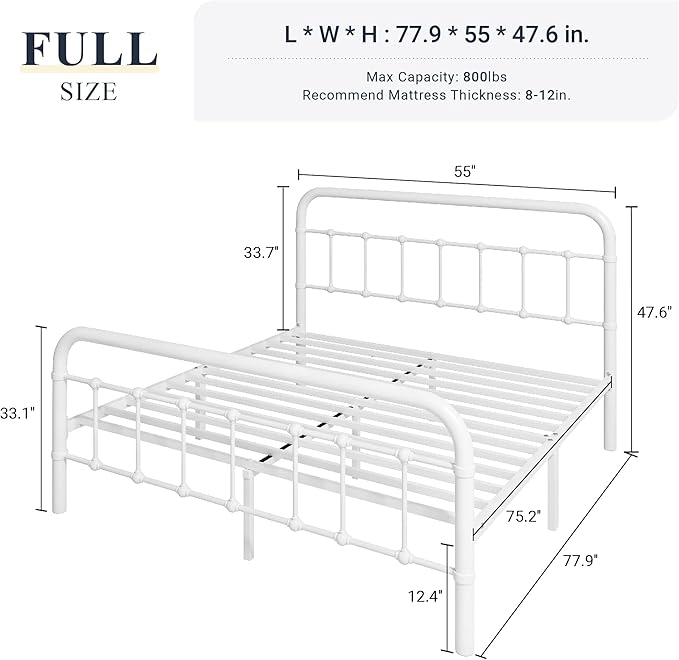 Allewie Full Size Metal Platform Bed Frame with Victorian Style Wrought Iron-Art Headboard/Footboard, No Box Spring Required，White