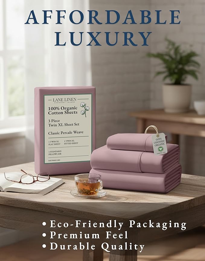 LANE LINEN 100% Organic Cotton Eco Friendly Extra Large Twin Sheets for Hospital Bed, Fully Elasticized Reinforsed Seams in Fitted Pocket, Machine Washable Deep Pocket Twin XL Bedding- Lilac