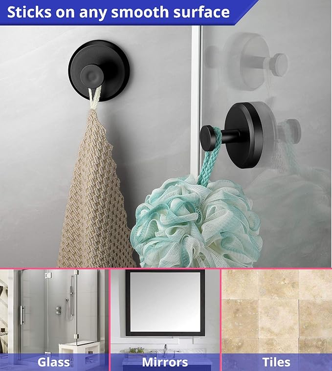 HOME SO Suction Cup Hooks for Shower, Bathroom, Kitchen, Glass Door, Mirror, Tile – Loofah, Towel, Coat, Bath Robe Hook Holder for Hanging up to 15 lbs – Waterproof & Rustproof, Matte Black (2-Pack)