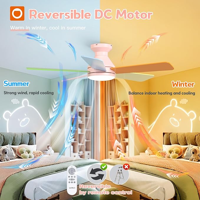 addlon Ceiling Fans with Lights, 42 Inch Low Profile Kids Ceiling Fan, Girl's Fan with Remote, Reversible, 3CCT, Dimmable, Quiet, Pink Small Ceiling Fan for Kids Room, Bedroom Indoor/Outdoor Use