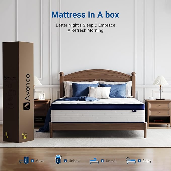 Avenco King Mattress, 14 inch King Size Mattress with Smarts™ Coil Individual Pocket Spring for Silent Sleep and Strong Edge Support, CertiPUR-US Certified, Mattresses in a Box