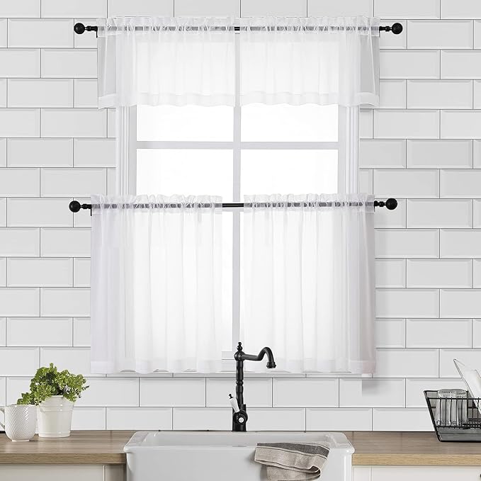 Chyhomenyc Sheer White Tier Curtains 24 Inch Length Set, Small Window Curtains Treatment for Bathroom/Living Room/Cafe/Basement, Short Voile Curtain Tiers 42in x 24in, Rod Pocket, 2 PCS