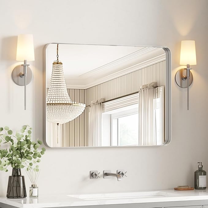USHOWER Brushed Nickel Bathroom Mirror 30"x40", Silver Rectangle Mirror for Over Sink, Rounded Corner, Aluminum Frame, Anti-Rust, Tempered Glass, Horizontal or Vertical Mounted