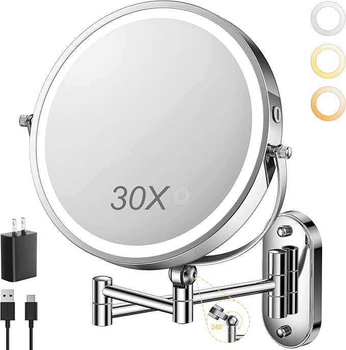9" Wall Mounted Lighted Makeup Mirror,4000mAh Rechargeable Double Sided 1X/30X Magnifying Mirror with Light,Touch Dimmable,Extended Arm 360 Rotation Wall Mounted Makeup Mirror 3 Color Lights-C
