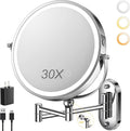 9" Wall Mounted Lighted Makeup Mirror,4000mAh Rechargeable Double Sided 1X/30X Magnifying Mirror with Light,Touch Dimmable,Extended Arm 360 Rotation Wall Mounted Makeup Mirror 3 Color Lights-C