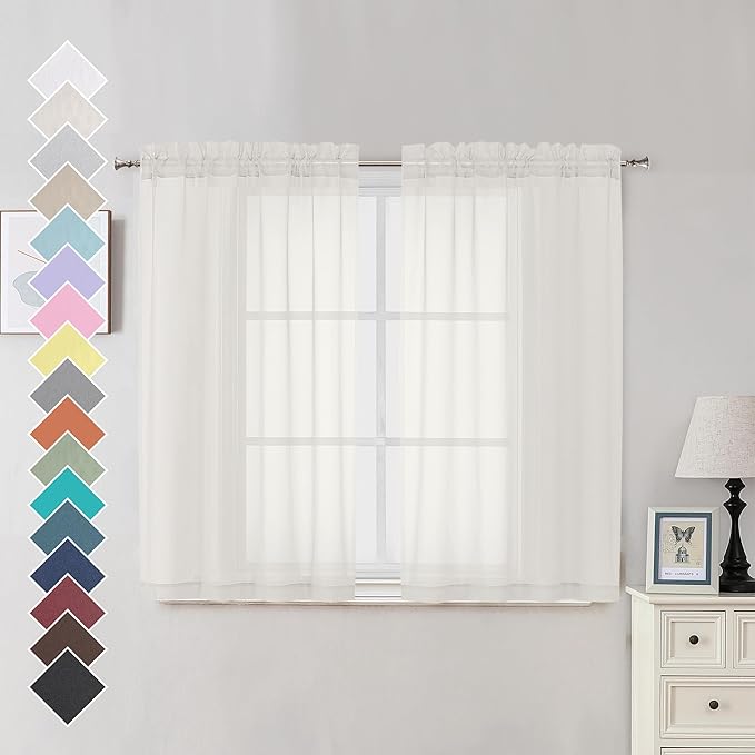 OVZME Sheer Curtains Ivory 45 inches Long Kitchen Curtains, Rod Pocket Clean Selvedge Voile Window Treatments, 2 Panels=84 Inches Width.