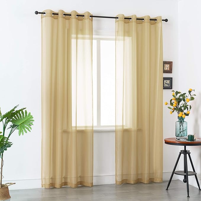 DUALIFE Tan Beige Sheer Curtain 120 Inch Length Light Brown Semi Voile Sheer Curtains Drapes for Living Room and Bedroom Window Treatments 2 Panels 52x120 Inches Long Natural Taupe