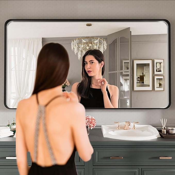 LOAAO Black Metal Framed Bathroom Mirror for Wall, Large 55X30 Inch Rounded Rectangle Mirror, Matte Black Bathroom Vanity Mirror Farmhouse, Anti-Rust, Tempered Glass, Hangs Horizontally or Vertically