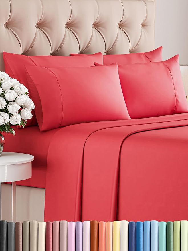 Full 6 Piece Sheet Set - Comfy Breathable & Cooling - Ultra Soft Hotel Luxury Bedding Set with 8-16 Inch Deep Pockets - 1 Flat & 1 Fitted Sheet & 4 Pillowcases - Cozy, Wrinkle Free & Easy Care - Red