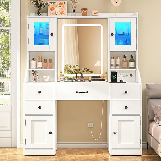 Quimoo Vanity Desk with Lighted Mirror & Power Outlet, 3 Color Modes & Adjustable Brightness, Makeup Vanity Table with 5 Drawers, 2 cabinets, 2 RGB cabinets, for Bedroom, White