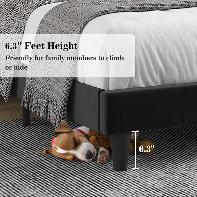 Allewie Full Bed Frame/Velvet Upholstered Bed Frame with Vertical Channel Tufted Headboard/Strong Wooden Slats/Platform Bed Frame/Mattress Foundation/Box Spring Optional/Easy Assembly/Black