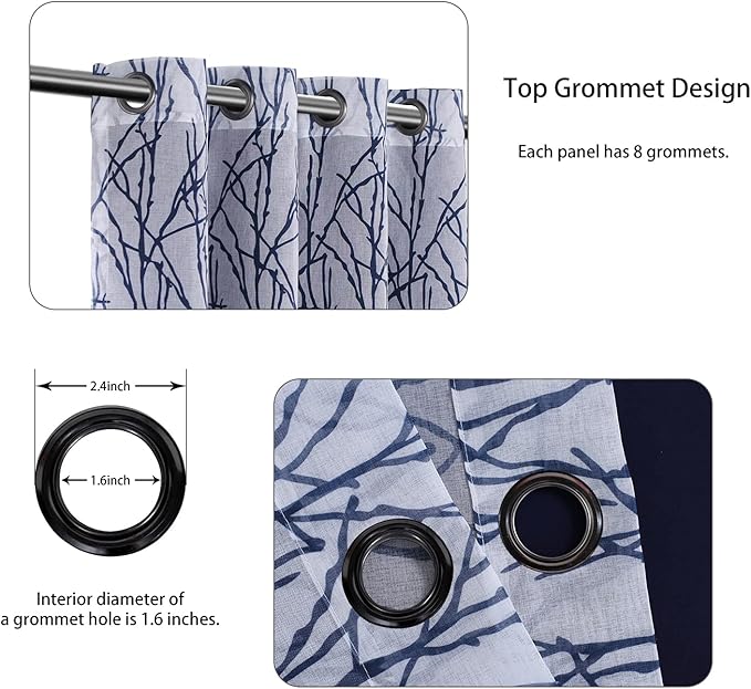 BONZER Mix and Match Curtains - 2 Pieces Branch Print Sheer Curtains and 2 Pieces Blackout Curtains for Bedroom Living Room Grommet Window Drapes, 54x84 Inch/Panel, Indigo, Set of 4 Panels