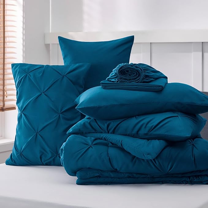 Bedsure Twin Comforter Set Teal - Bed in a Bag Twin Size Bedding 5 Pieces, GentleSoft™ Pintuck Bed Set Gift for Family, Pinch Pleat Teal Comforter with Sheets, Pillowcase & Sham
