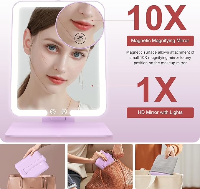Gospire Travel Makeup Mirror with Lights and Magnification 10X, Portable Make Up Compact Tabletop Cosmetic with Adjustable Stand, 3 Colored Light Rechargeable LED Vanity Mirror - Purple