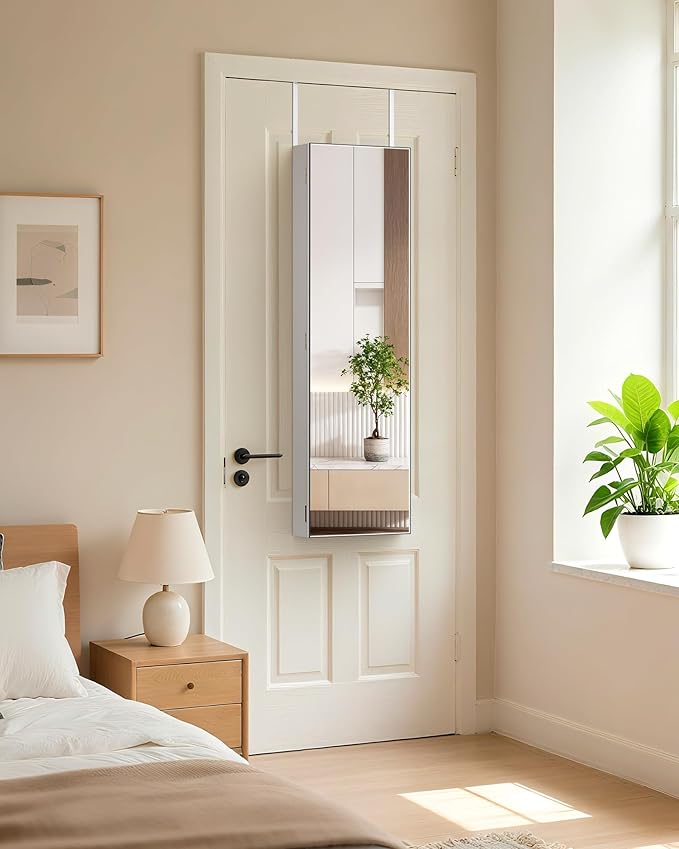 Nicetree Jewelry Armoire with Mirror, Wall/Door Mounted Jewelry Cabinet, Lockable Jewelry Organizer with Full-Length Mirror, Frameless Mirror with Storage, Black Lining