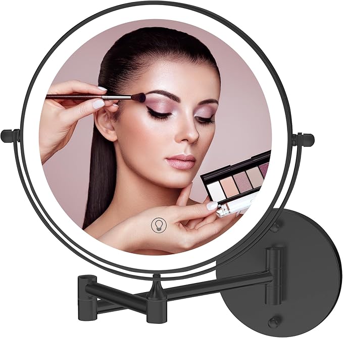 Fab Glass and Mirror Rechargeable 8" Lighted Vanity Makeup Mirror, Dual-Sided 1X/10X Magnification with 3 Color LED Touch Control, Dimmable & Rotating Wall Mounted Design (Black)