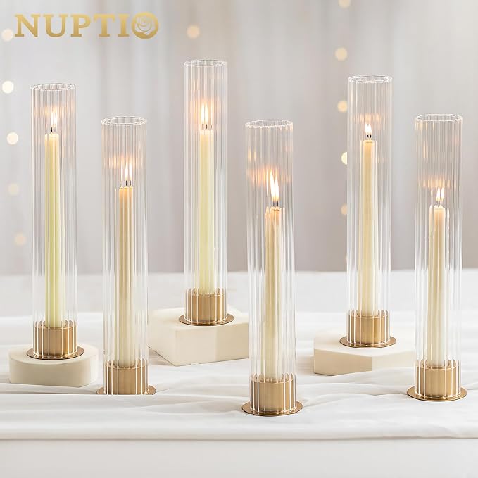 NUPTIO Hurricane Candle Holder for Centerpiece: Set of 10 Metal Taper Candle Holders with Fluted Glass Cylinders - Gold Candlestick Holders Bulk for Outdoor Party Dinner Wedding Table Decoration