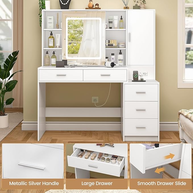 Quimoo Vanity Desk with Lighted Mirror and Power Outlet, Makeup Vanity Desk with 5 Drawers and Cabinet, Hidden and Open Shelves, White Vanity Table Set with 3 Color Lighting