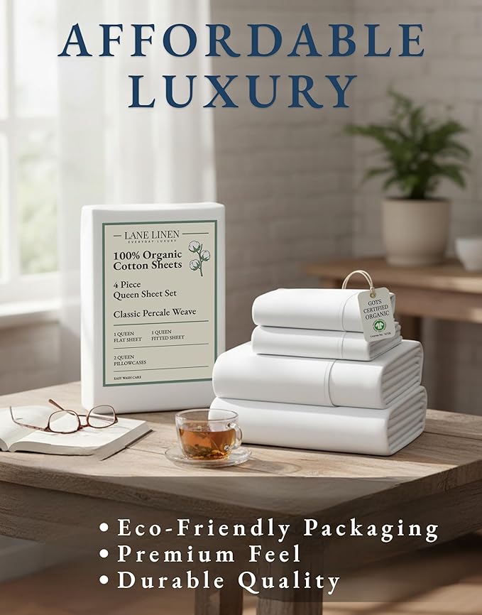 LANE LINEN Eco Friendly 100% Organic Cotton Queen Sheet Set, Soft & Comfy Fully Elasticized 15" Deep Pocket Bed Sheets, Low Pill Naturally Cooling Machine Wash Sábanas Queen- White Bed Sheets