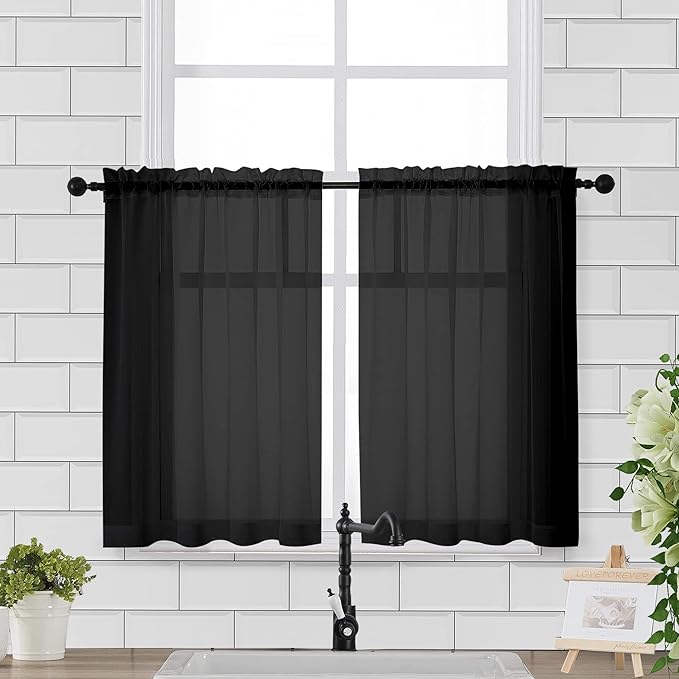 Chyhomenyc Sheer Curtains 36 Inch Length, Short Voile Sheer Window Curtians for Small Window Bathroom Cafe Living Room Farmhouse, 2PCS, 42W x 36L inches, Rod Pocket, Black