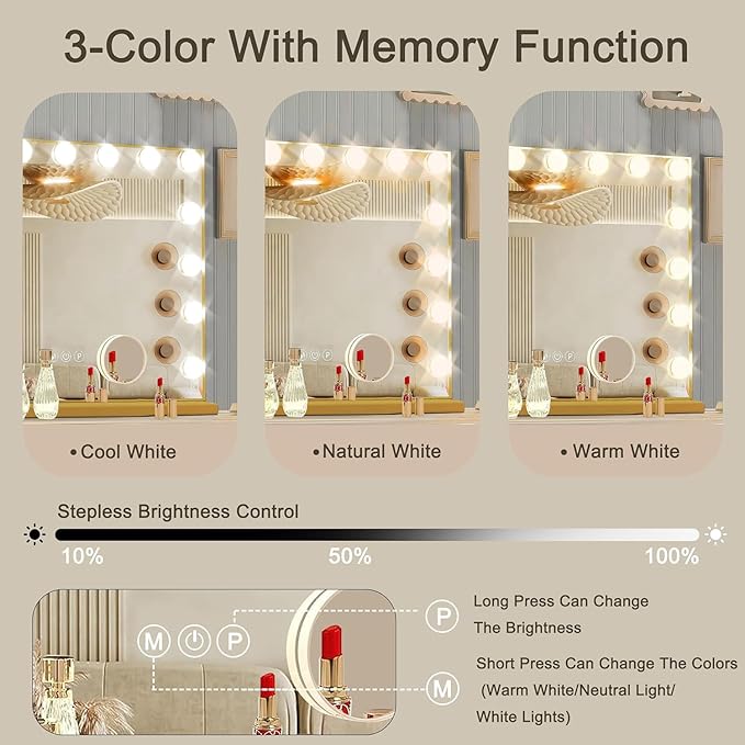 Gold Hollywood Vanity Mirror with Lights, 15 Dimmable Bulbs, 3 Color Lights,Make Up Lighted Mirror, Aluminum Metal Frame, USB Charging Port（23" x 18"）